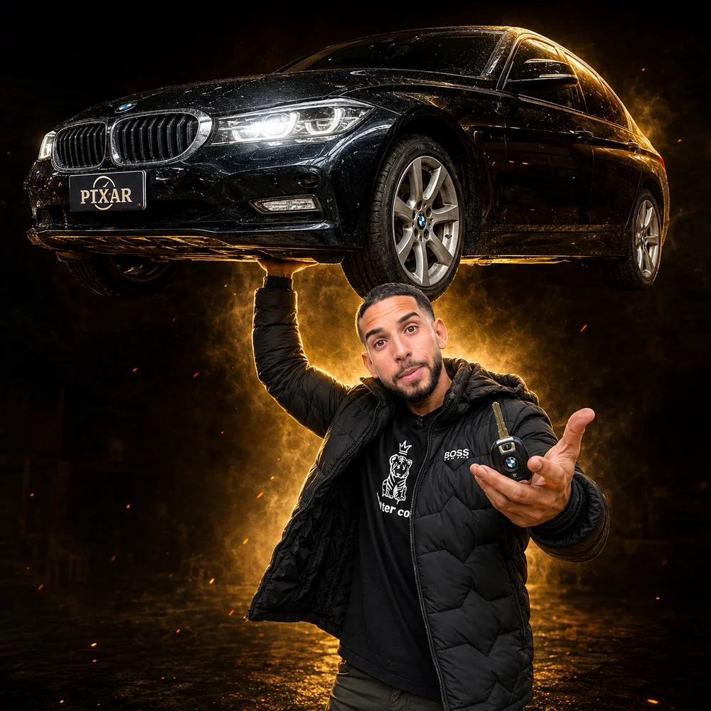 Patrick Rocha levantando um carro e segurando a chave